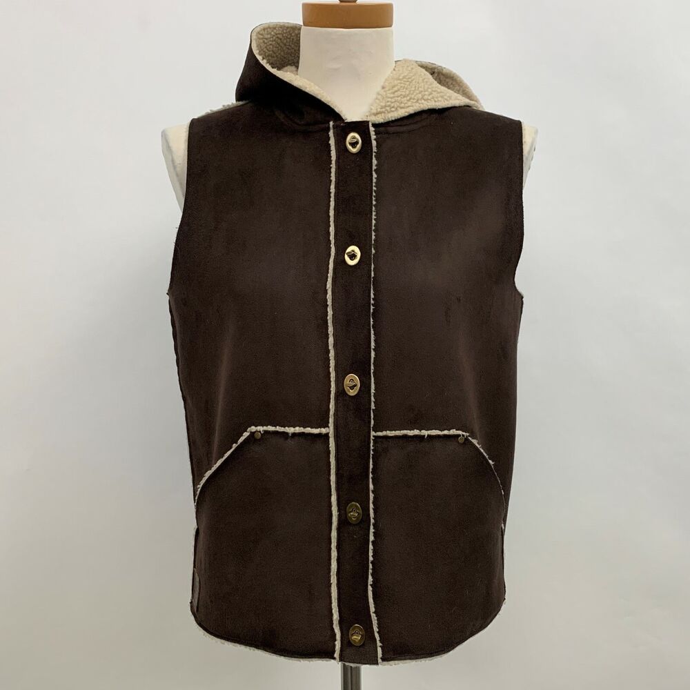 Lauren Ralph Lauren Women's Jacket Vest Hooded Small Brown Sleeveless Faux Suede